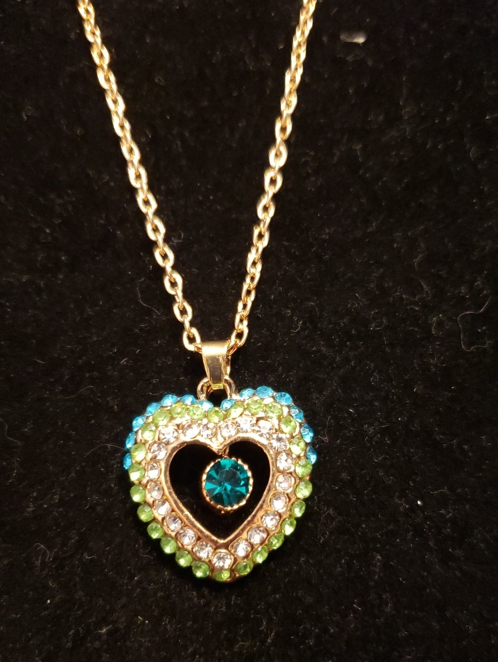 NEW Bejeweled Heart Pendant Necklace On LONG GOLDEN CHAIN. In Blue & Green.